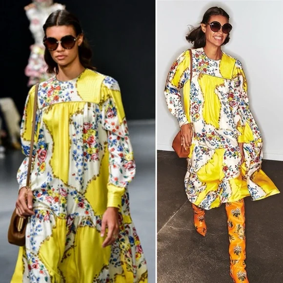 TORY BURCH Silk Quilted Yoke Yellow Floral Silk Midi Dress Size 4 - Picture 2 of 16